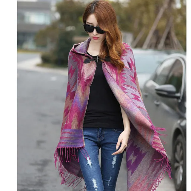 BOHO Ethnic Fashion Large Shawl Bright Color Female Warm Hooded horns Button cloak  imitation cashmere shawls Winter Scarves