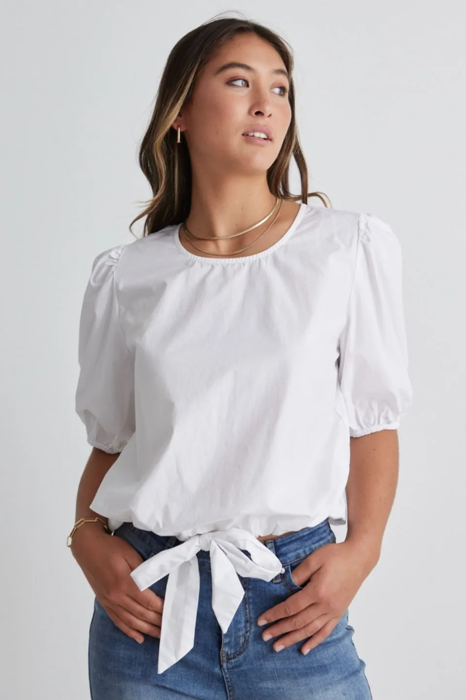 Cameron White Poplin Puff SS Front Tie Top