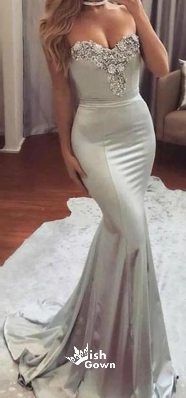 Charming Silver Soft Satin Appliques Sweetheart Strapless Long Mermaid Prom Dresses, WG20