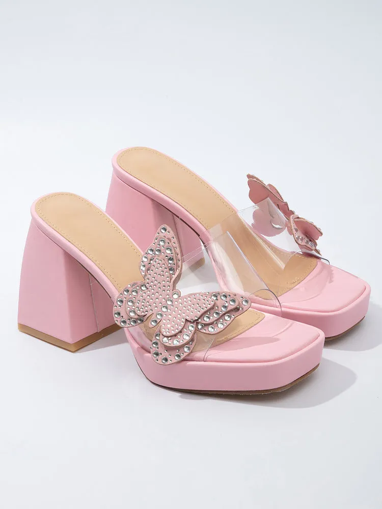 Clear Rhinestone Butterfly Chunky Heels