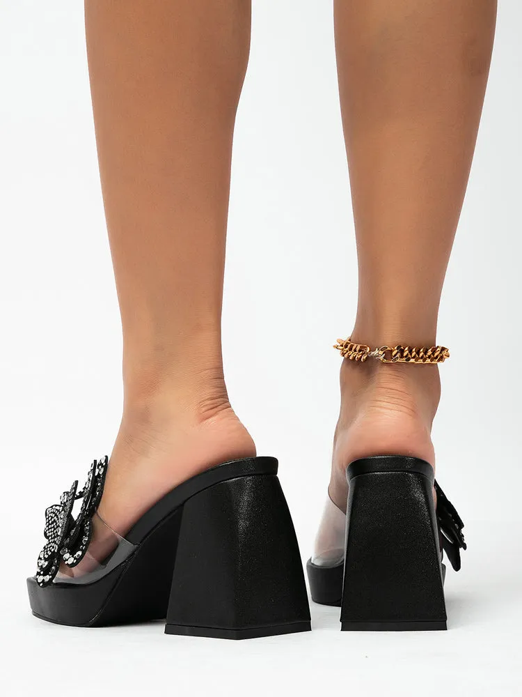 Clear Rhinestone Butterfly Chunky Heels