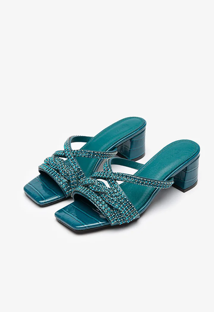 Crystal Embellished Vamp Block Mule Sandals