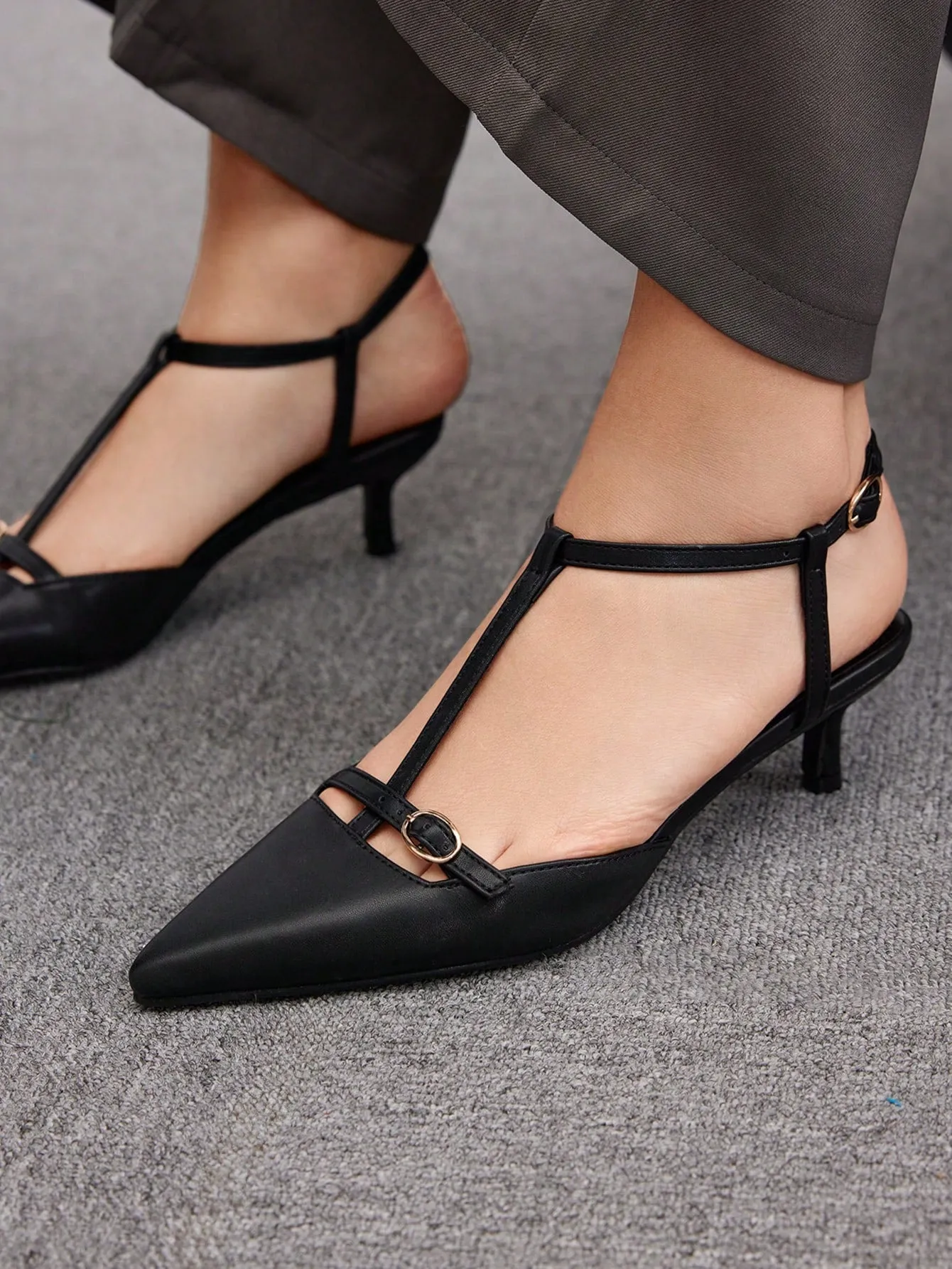 CUCCOO BIZCHIC Women High Heel Black Pointed Toe Sandals With Metal Buckles, Personality Style Strappy Low-Heeled Shoes