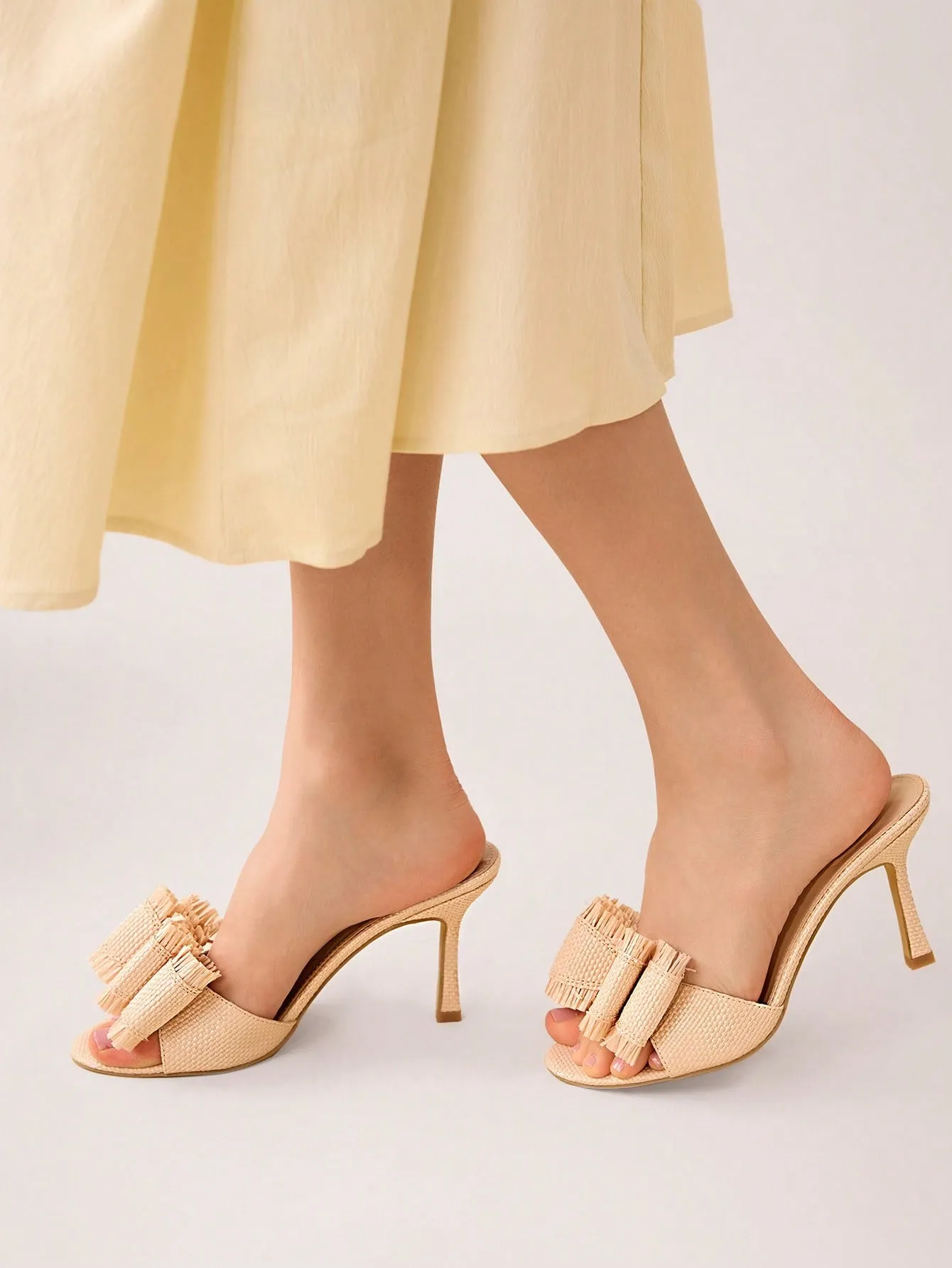 CUCCOO CHICEST Round-Toe Woven High Heels With Beige Butterfly Accent, Fashionable And Simple Beige High Heels For Women