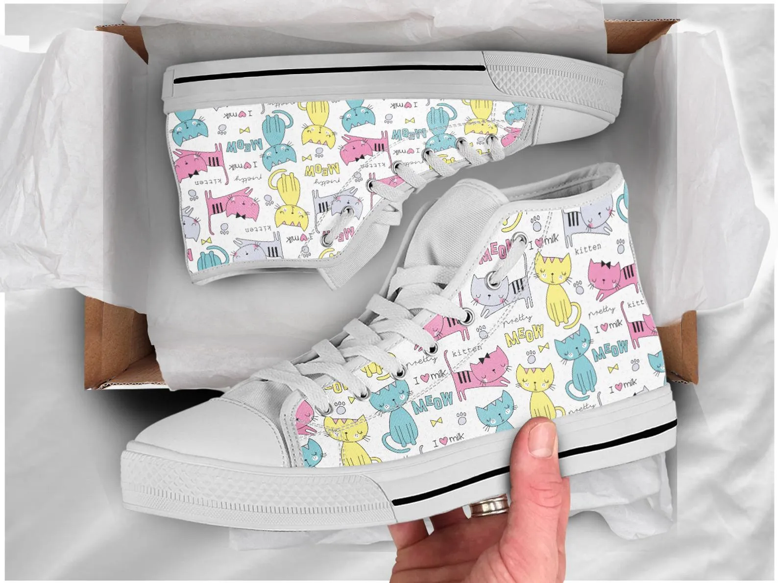 Cute Cat Shoes Cat Printed Sneakers Cat Pattern Cute Shoes Cat Owner Gifts Custom High Top Converse Style Sneakers For Adults Women & Men