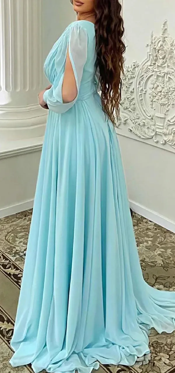 Elegant Chiffon Deep V-neck Long Sleeves Side Slit Long Bridesmaid Dresses Online, BG617