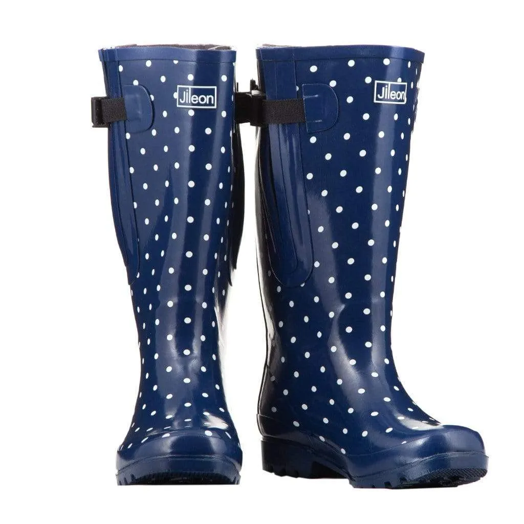 Extra Wide Calf Navy Spotty Wellies - Wide in Foot and Ankle - Fit 40-57cm Calf