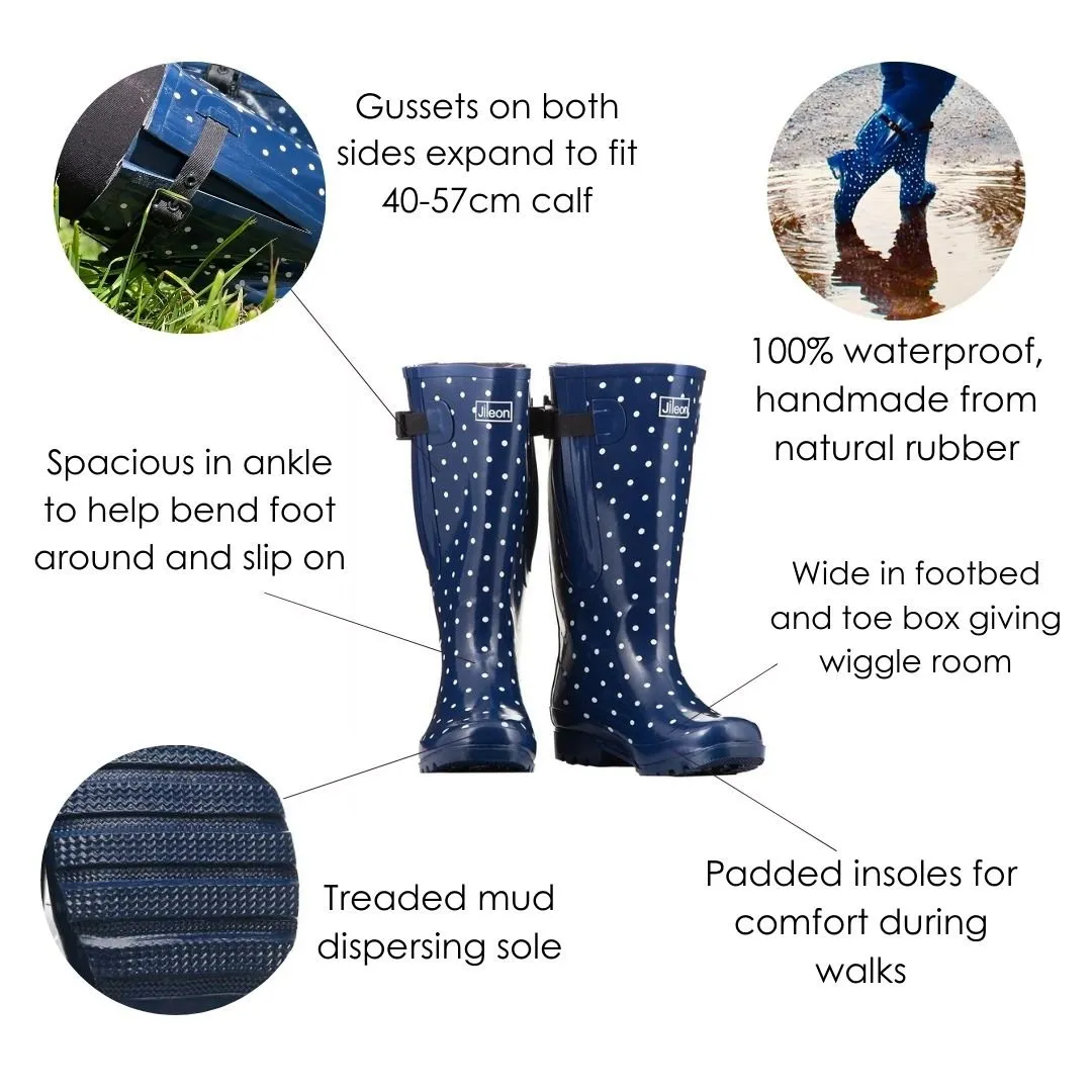 Extra Wide Calf Navy Spotty Wellies - Wide in Foot and Ankle - Fit 40-57cm Calf