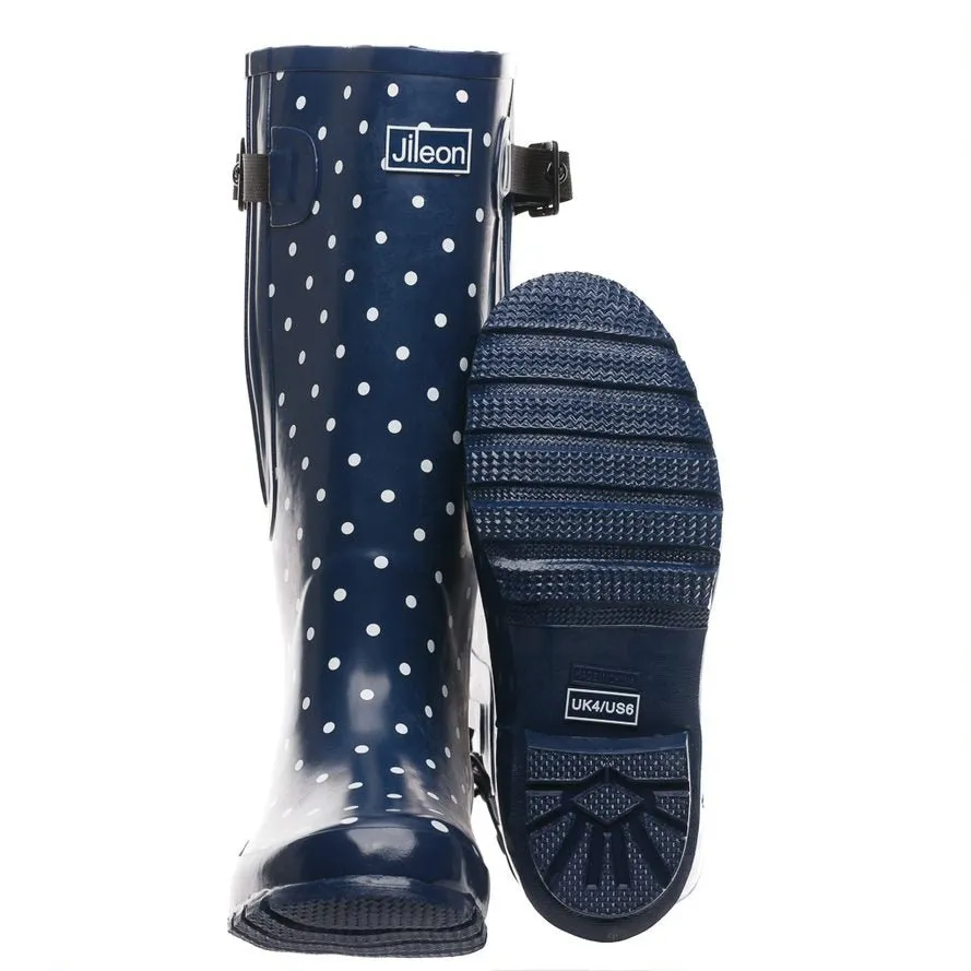 Extra Wide Calf Navy Spotty Wellies - Wide in Foot and Ankle - Fit 40-57cm Calf