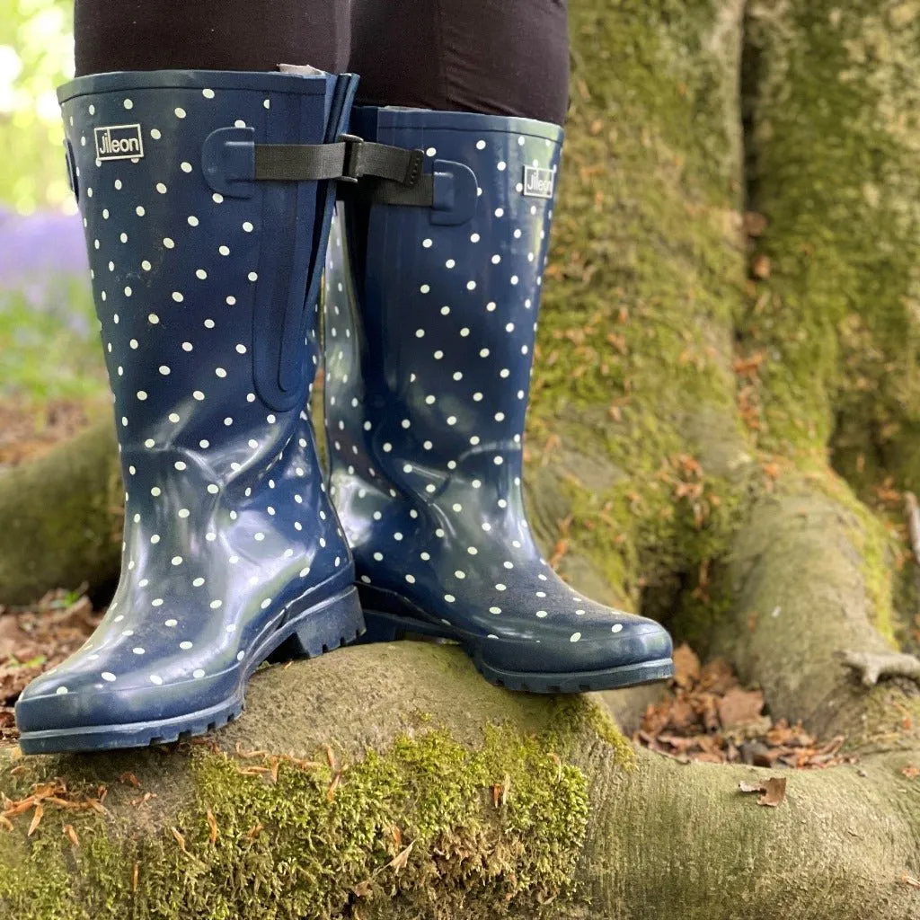 Extra Wide Calf Navy Spotty Wellies - Wide in Foot and Ankle - Fit 40-57cm Calf