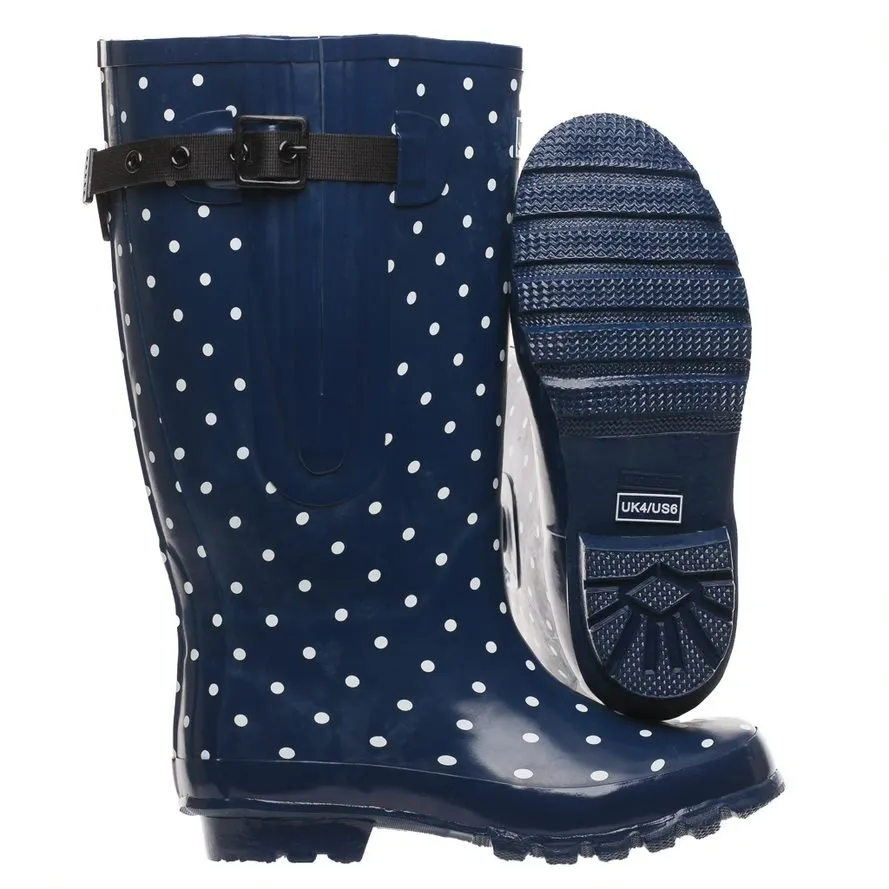 Extra Wide Calf Navy Spotty Wellies - Wide in Foot and Ankle - Fit 40-57cm Calf