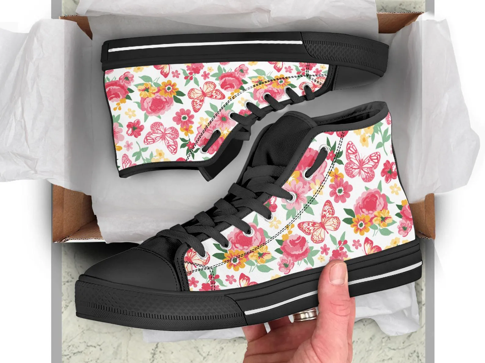 Floral Butterfly Shoes Butterfly Sneakers Cute Shoes Butterfly Lover Gifts Custom High Top Converse Style Sneakers For Adults Women & Men