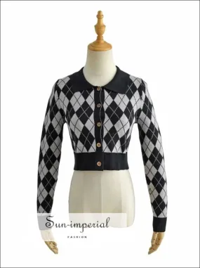 Grey Women Collared Fitted Crop Cardigan Knitted Argyle Crop Cardigan