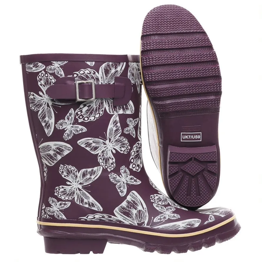 Half Height Purple Butterfly Wellies - Wide Foot and Ankle