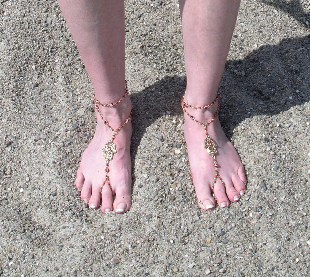 Hamsa Barefoot Sandals Red Gold Beaded Beach Jewelry Toe Ring Ankle Bracelet Protection From The Evil Eye Good Luck Buddha Mudra Yoga Meditation