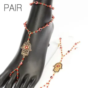 Hamsa Barefoot Sandals Red Gold Beaded Beach Jewelry Toe Ring Ankle Bracelet Protection From The Evil Eye Good Luck Buddha Mudra Yoga Meditation