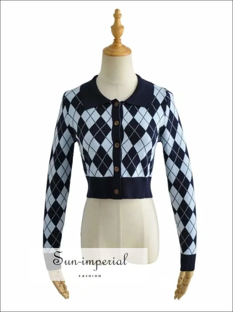 Light Blue Women Collared Fitted Crop Cardigan Knitted Argyle Crop Cardigan