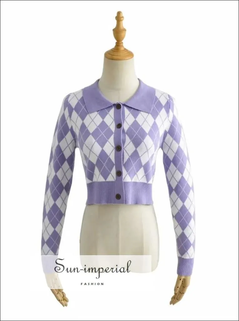 Light Blue Women Collared Fitted Crop Cardigan Knitted Argyle Crop Cardigan