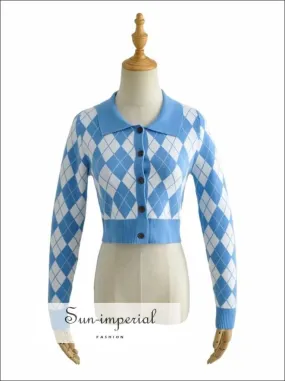 Light Blue Women Collared Fitted Crop Cardigan Knitted Argyle Crop Cardigan