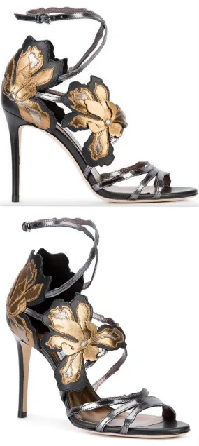 'Lolita' Floral Sandals, Black and Gold