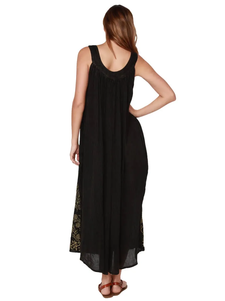 Long crinkle dress in black rayon with embroidery and print