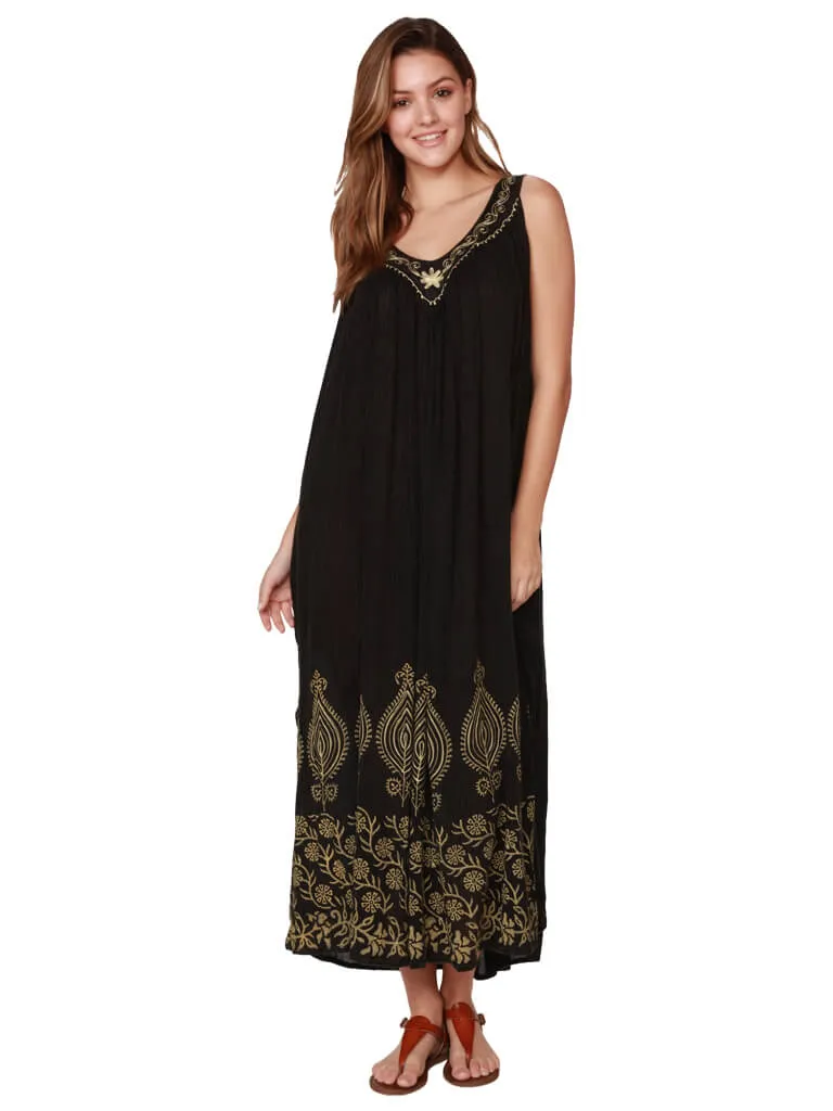 Long crinkle dress in black rayon with embroidery and print