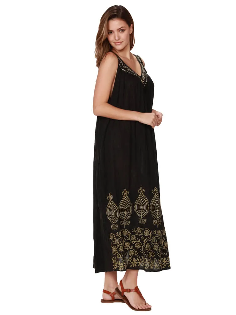 Long crinkle dress in black rayon with embroidery and print