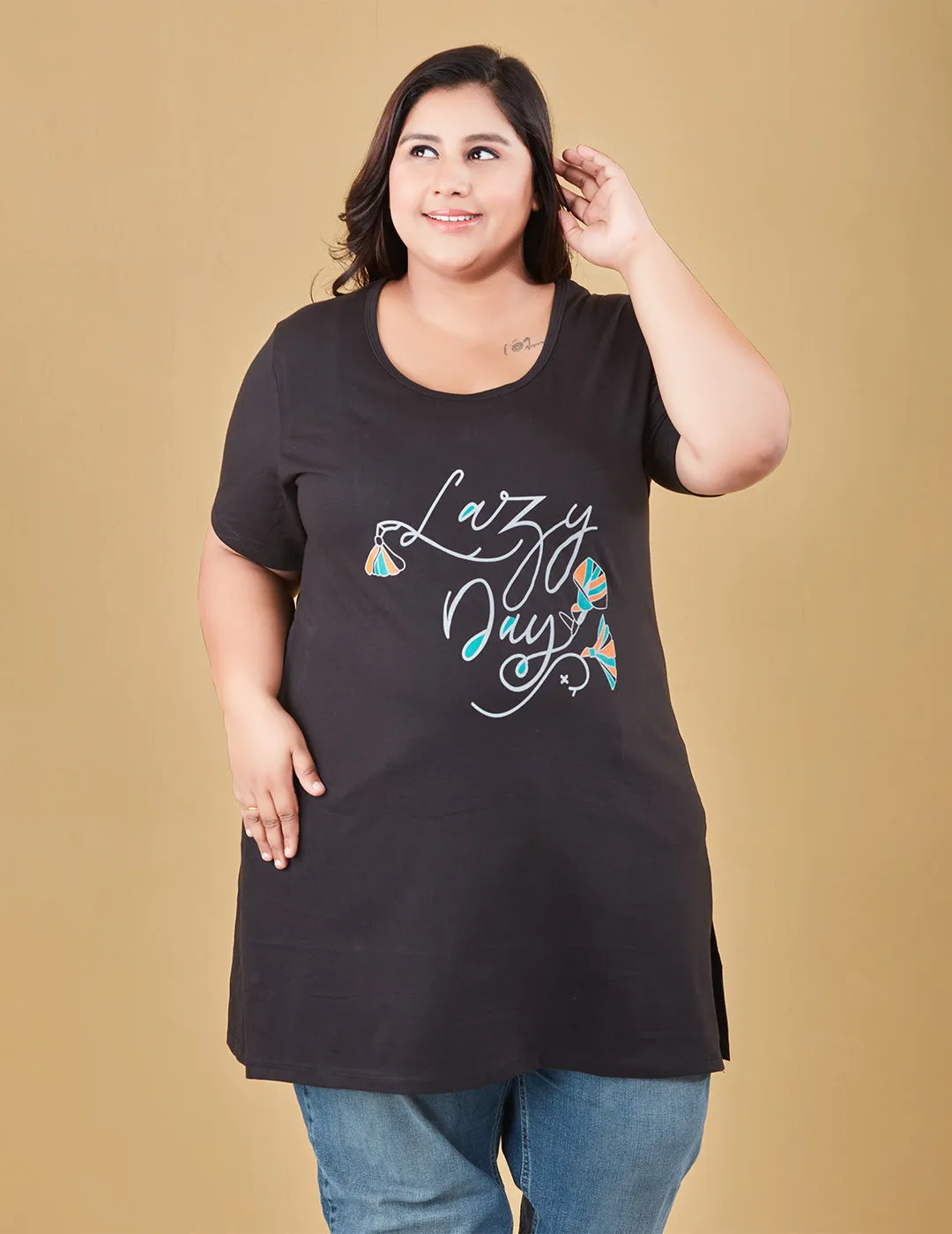 Long Line T-Shirt For Women -Half Sleeves- Black