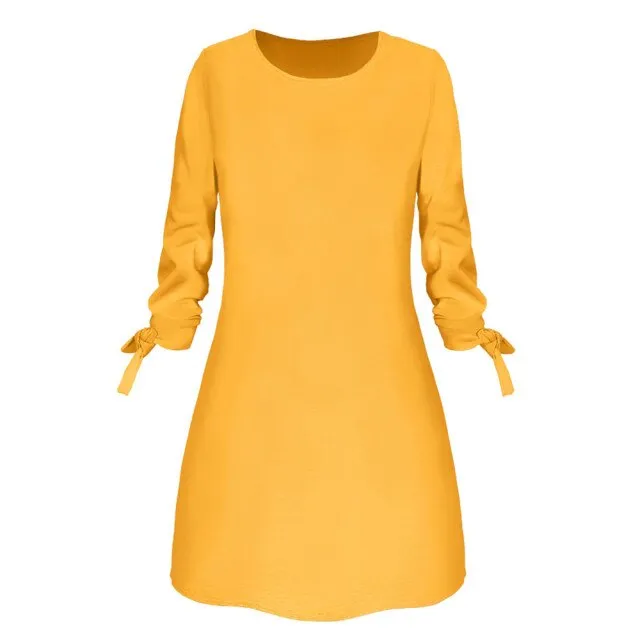 New Dress For Women O-neck Solid Bow Elegant Winter Straigth Dress Spring Loose Mini Dresses Plus Size Ropa De Mujer 2021