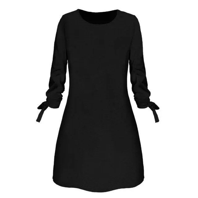 New Dress For Women O-neck Solid Bow Elegant Winter Straigth Dress Spring Loose Mini Dresses Plus Size Ropa De Mujer 2021