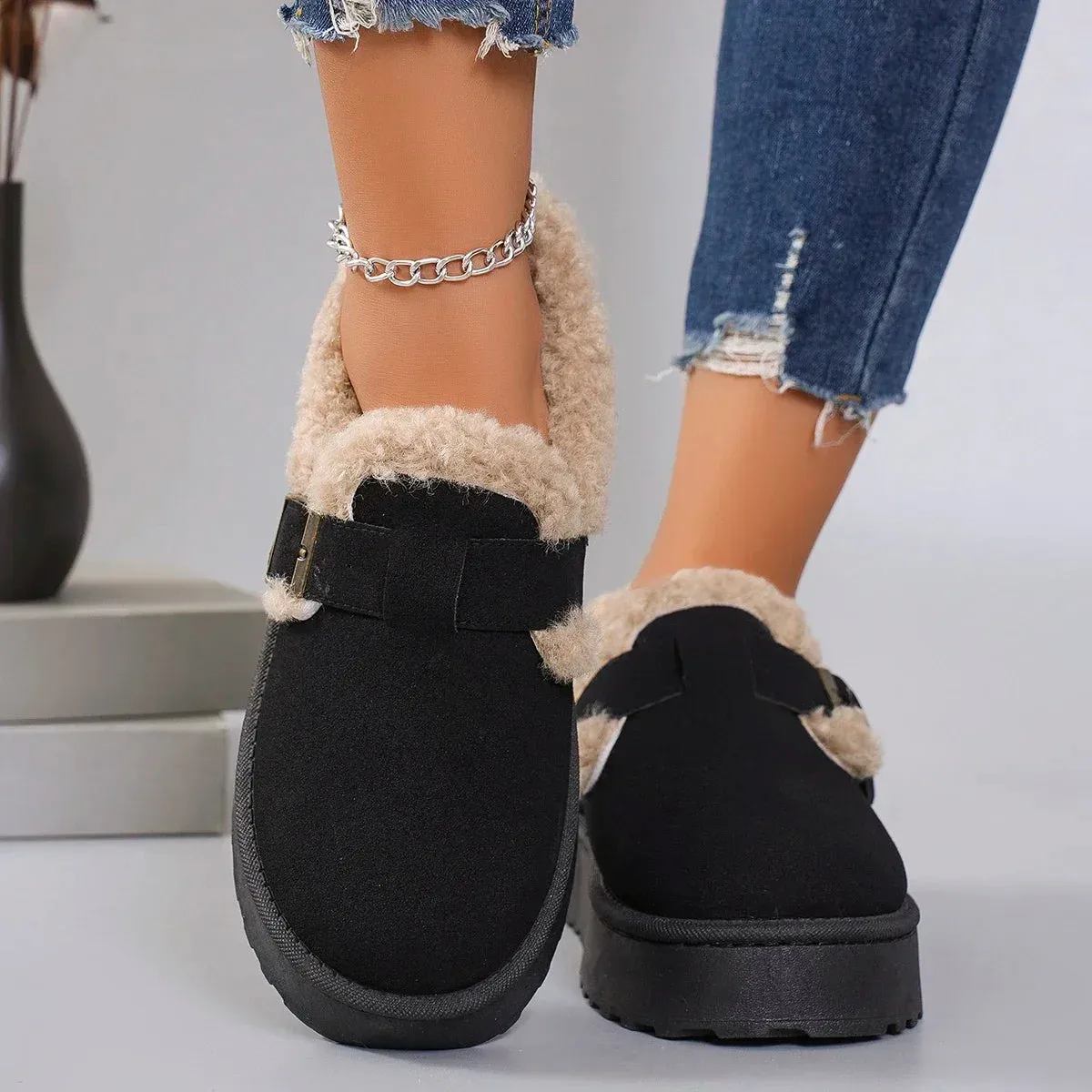 New Winter Women's Shoes Boken Shoes Plush Fashion Retro Bean Shoes Cotton Women's Flat Sole Slippers Platform Women Boots