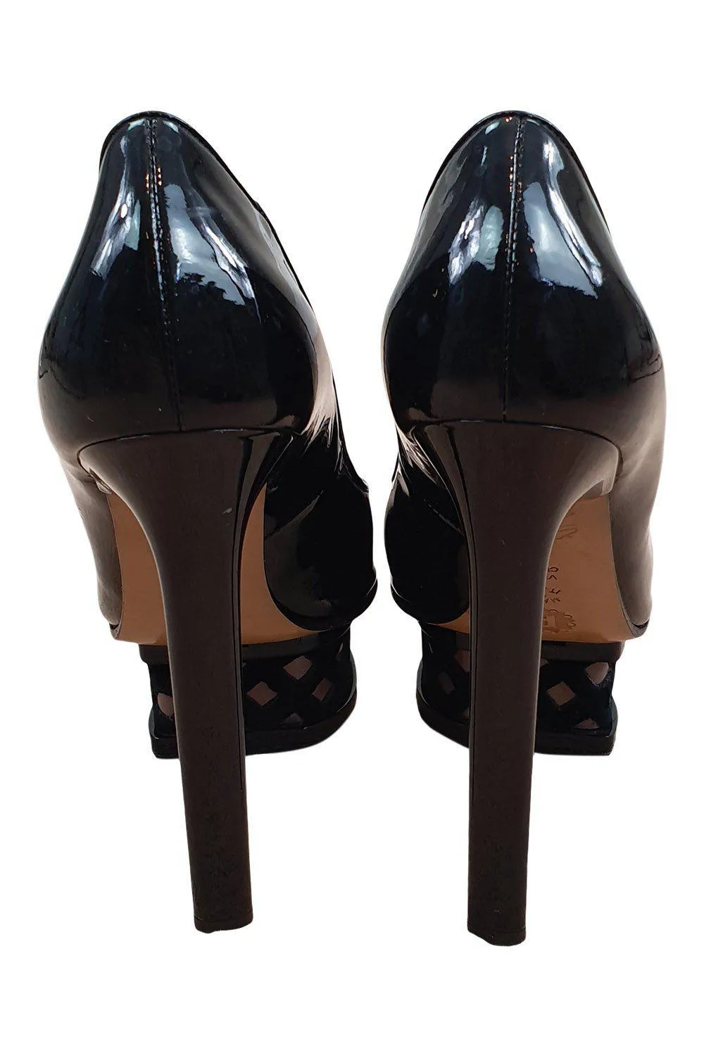 POLLINI Black Patent Leather Peep Toe Platform Heel (39)