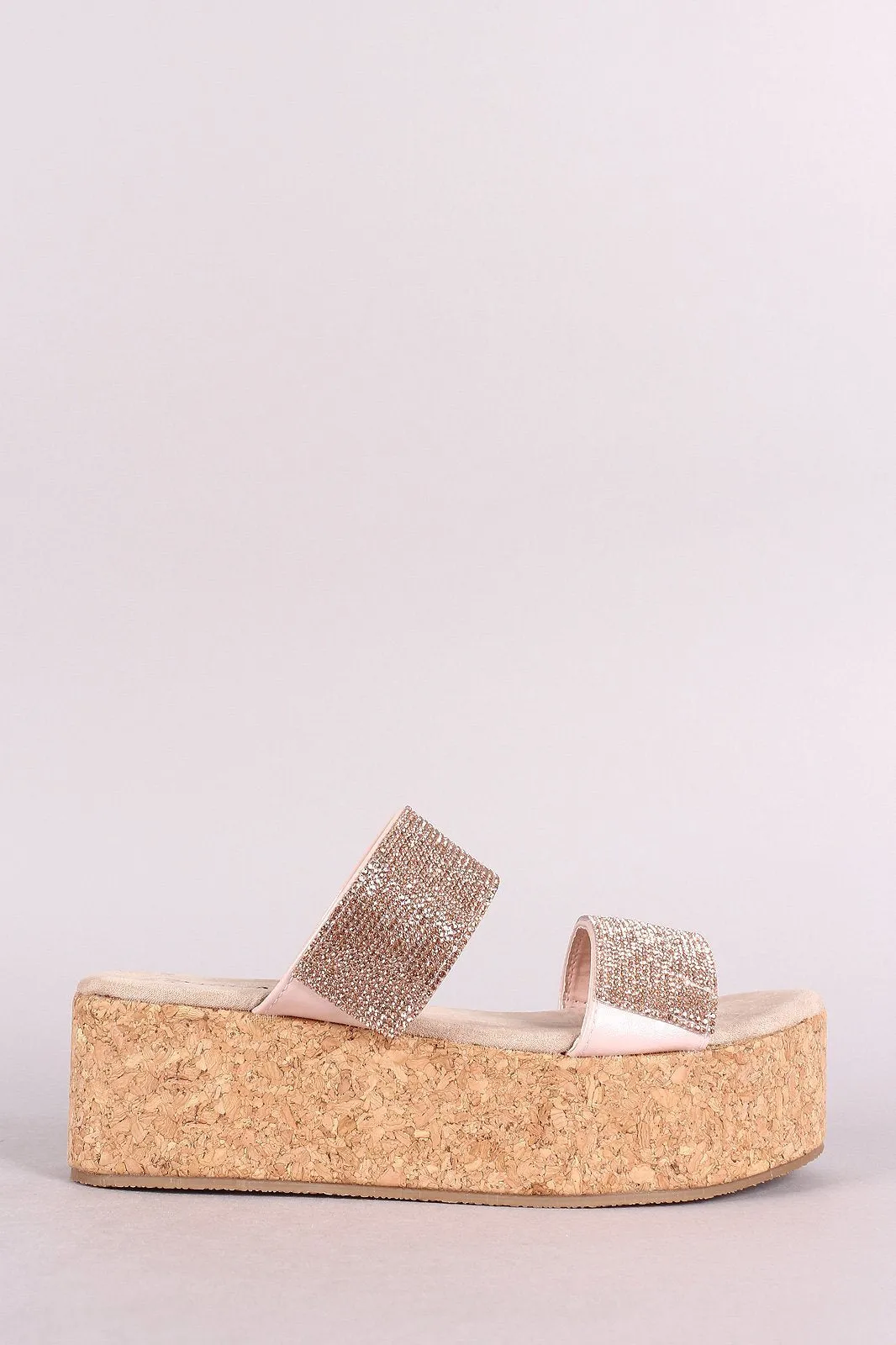 Qupid Double Rhinestone Straps Open Toe Cork Flatform Sandal