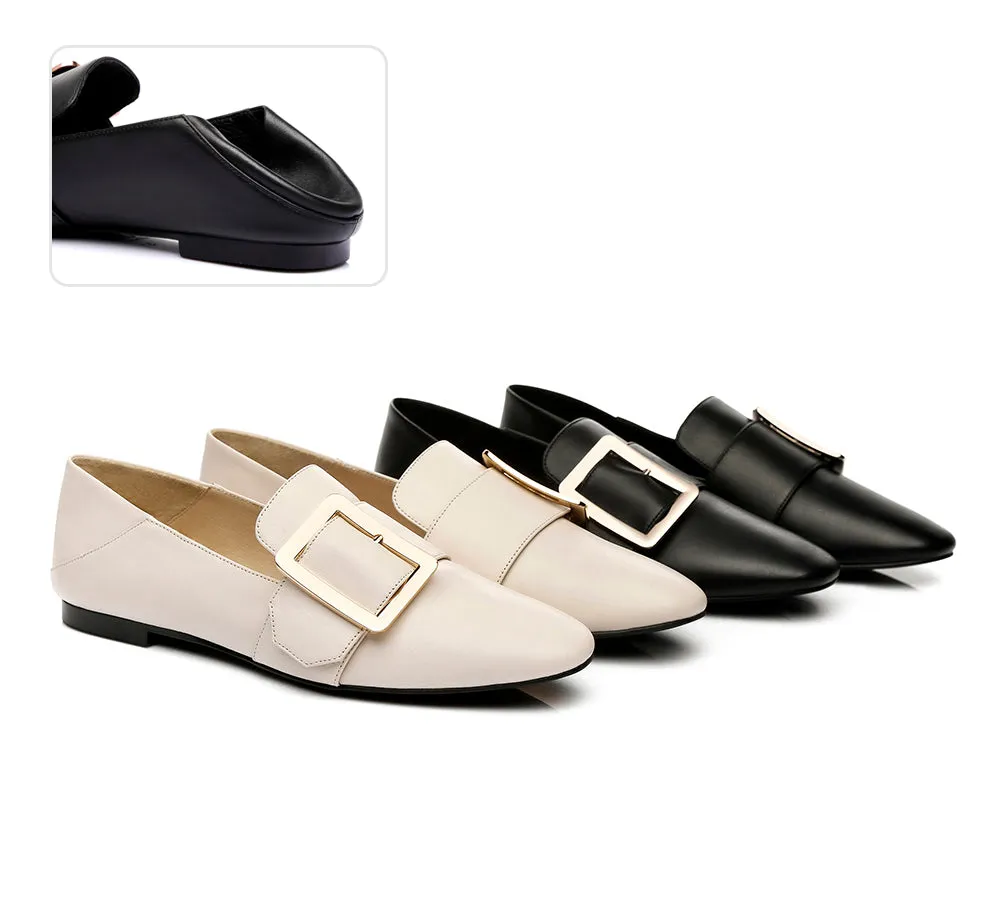 Sally Square Buckle Loafers Opera Flats Almond Toe Flat Heel