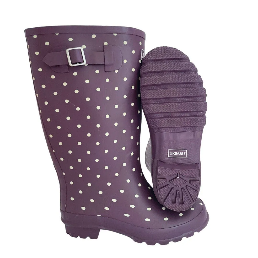 Wide Calf Purple Cream Spot Wellies for Women - Wide in Foot and Ankle