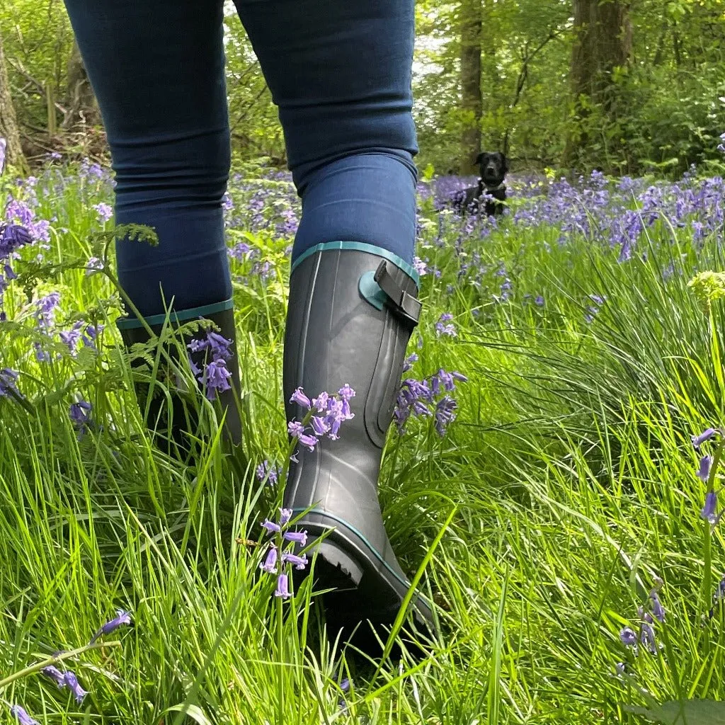 Wide Calf Wellies - Black with Teal Trim - Regular Fit in Foot and Ankle