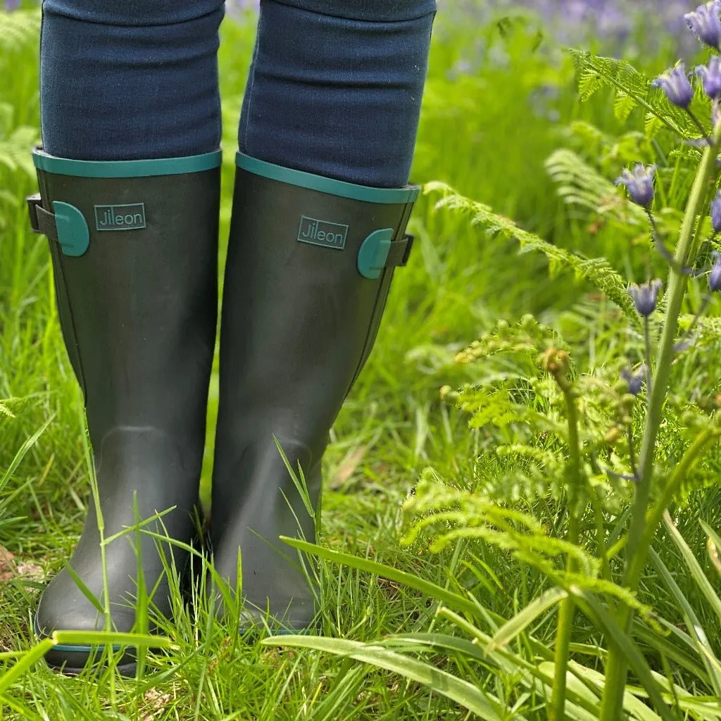 Wide Calf Wellies - Black with Teal Trim - Regular Fit in Foot and Ankle