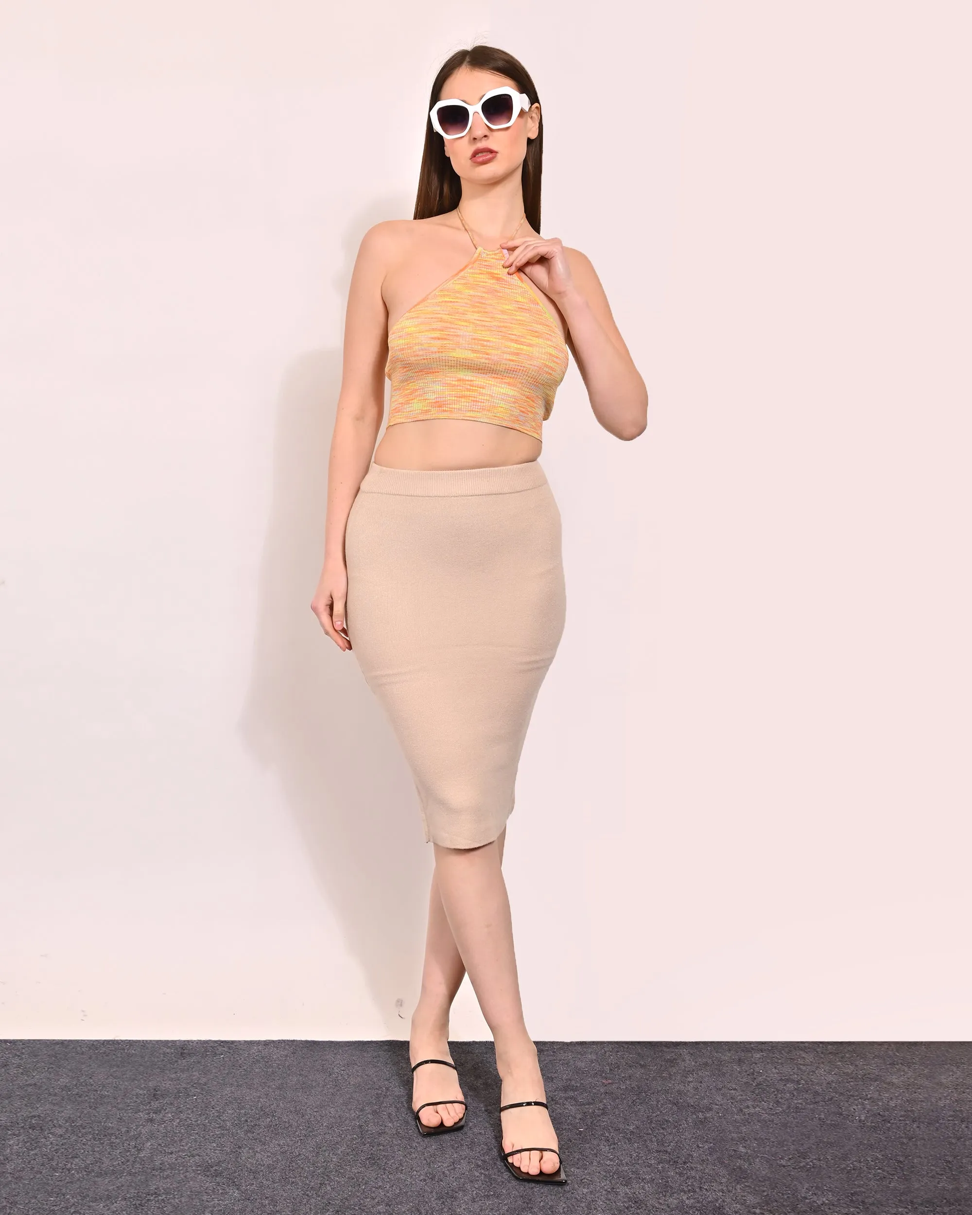 Women Cream Midi Pencil Skirt