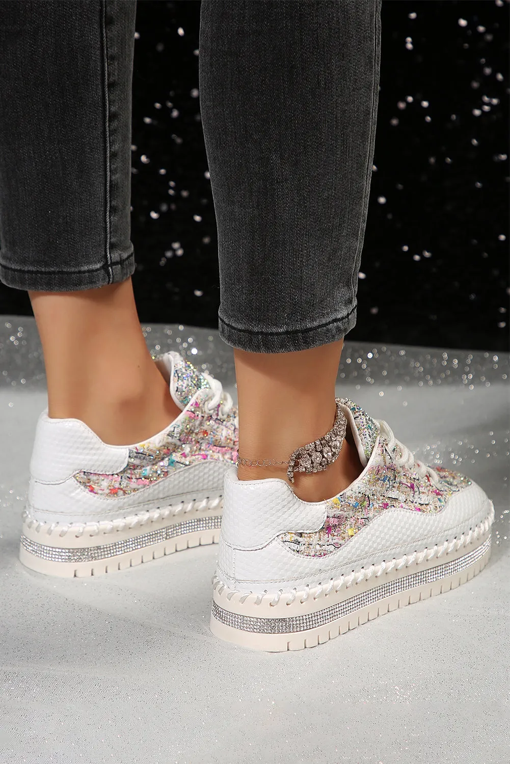 Women Shiny Sequin Thick Sole Sneakers