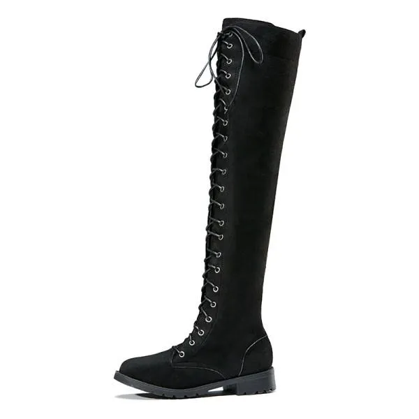 Women'S Black Lace-Up Over Knee Flat Boots 13268079