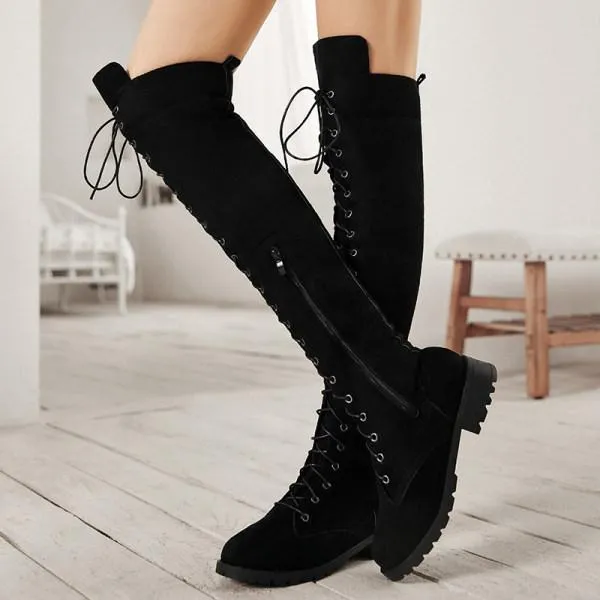 Women'S Black Lace-Up Over Knee Flat Boots 13268079