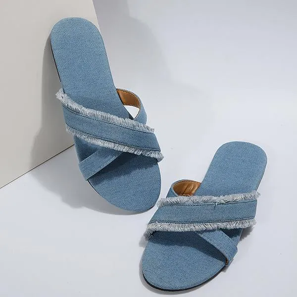 Women's Casual Cross Strap Raw Edge Flat Slippers 01430630S