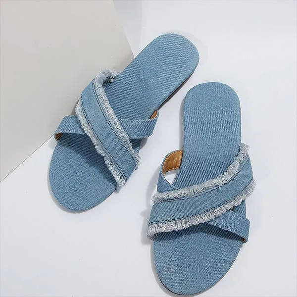 Women's Casual Cross Strap Raw Edge Flat Slippers 01430630S