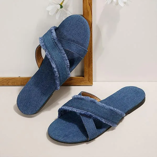 Women's Casual Cross Strap Raw Edge Flat Slippers 01430630S