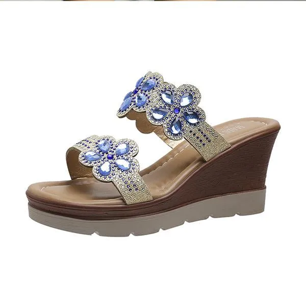 Women's Casual Flower Rhinestone Wedge Slippers 82990380S