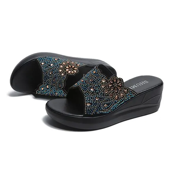 Women's Casual Rhinestone Wedge Thick-soled Slippers 48768103S