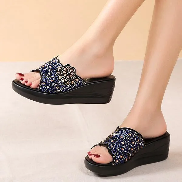 Women's Casual Rhinestone Wedge Thick-soled Slippers 48768103S