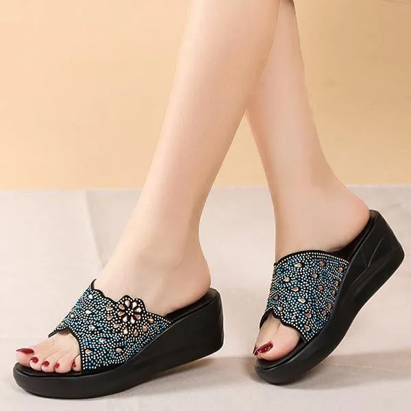 Women's Casual Rhinestone Wedge Thick-soled Slippers 48768103S