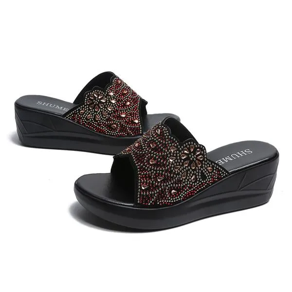 Women's Casual Rhinestone Wedge Thick-soled Slippers 48768103S