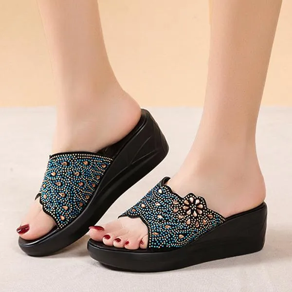 Women's Casual Rhinestone Wedge Thick-soled Slippers 48768103S